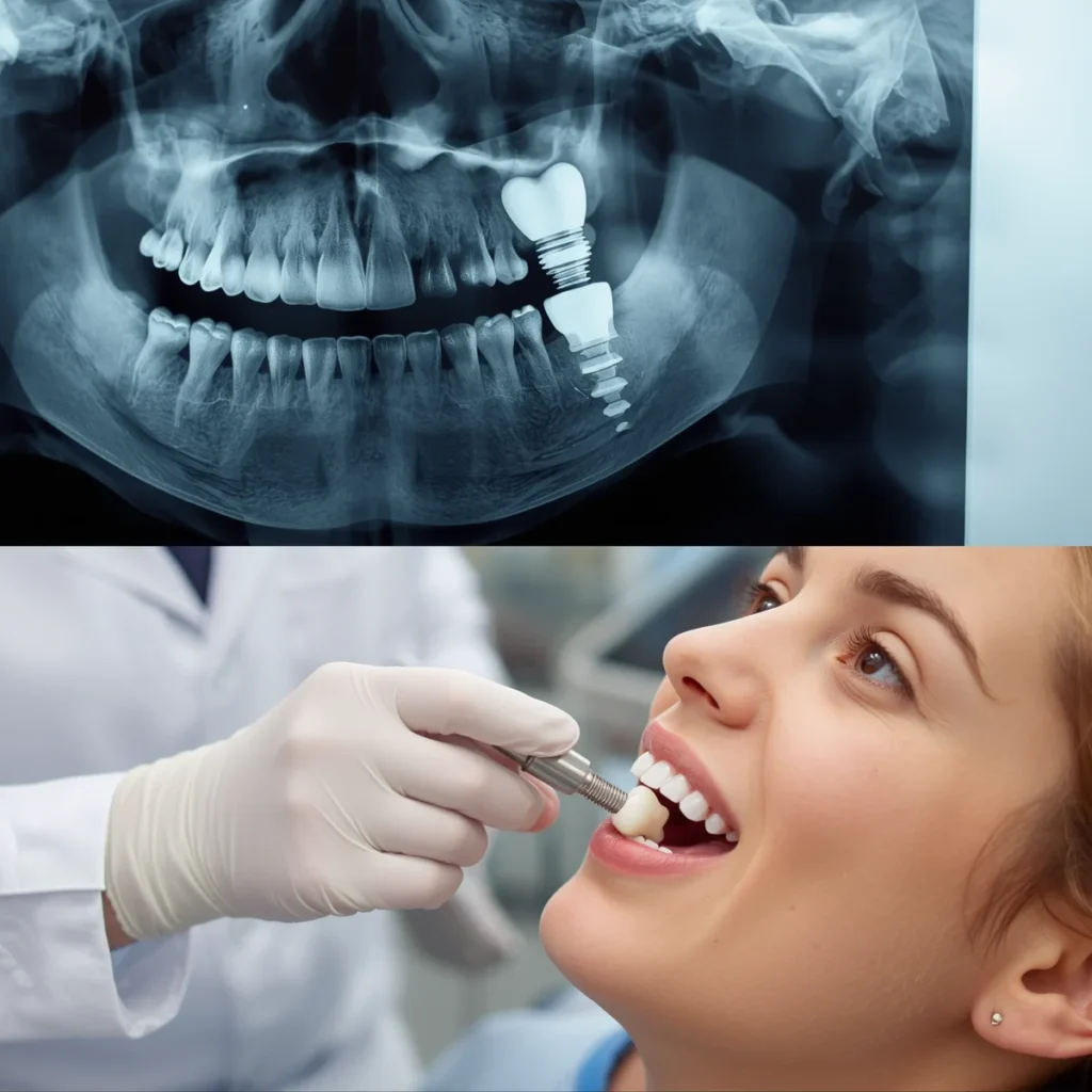 Dental implant X-ray showing implant placement in jawbone and dentist placing an implant for a patient at Gentle Dental of NJ Newark