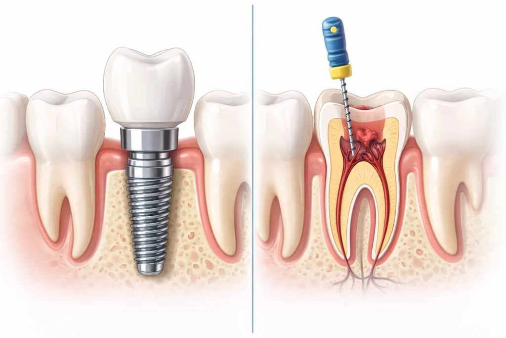 Side-by-side comparison of a dental implant with titanium screw in jawbone and a root canal procedure with endodontic file