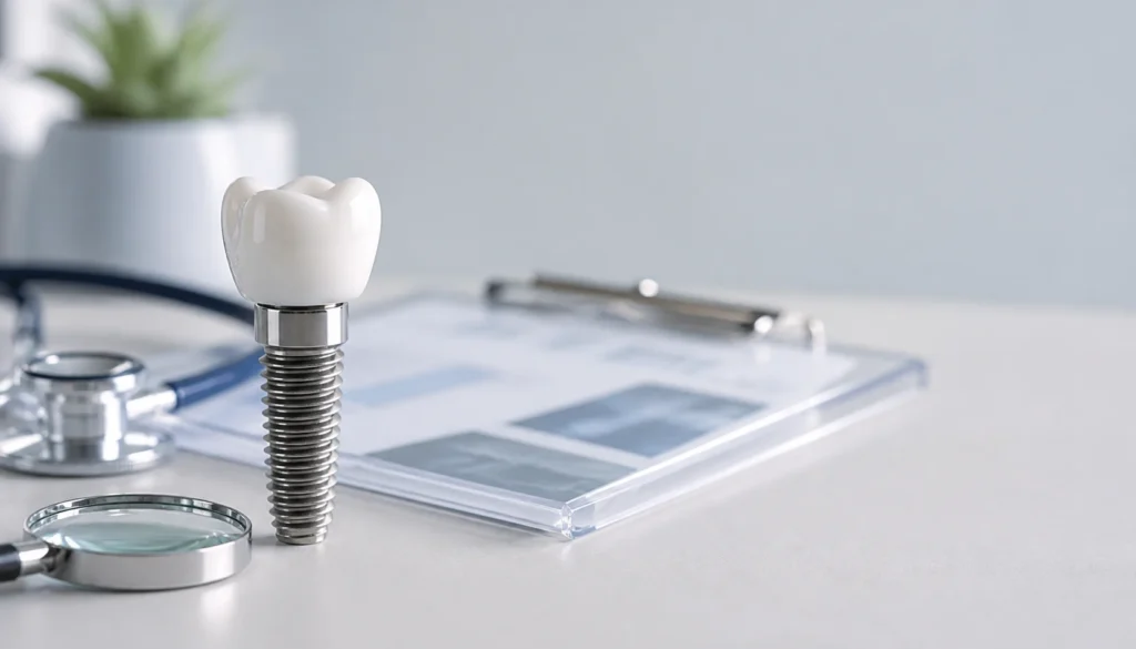 Dental implant model with stethoscope, magnifying glass, and clinical research clipboard, Gentle Dental of NJ